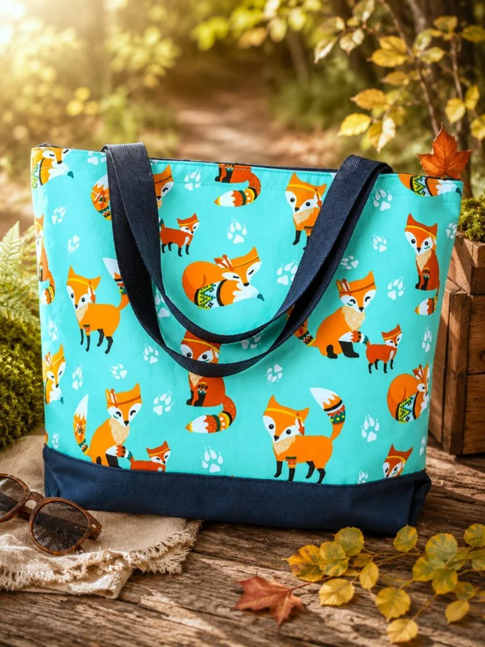 Whimsical Fox Print Tote Bag Aqua Orange Woodland Animal Navy Handles NWT